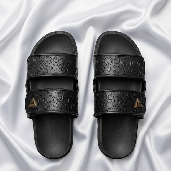 GUESS Woman's Size 7 Black Embossed Slide Sandals Adjustable Strap Slip-On Logo - Picture 2 of 4